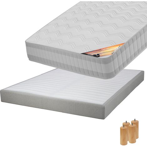 TAHITI - Pack Matelas 140x190 + Sommier Tapissier Démontable 2x20 Lattes Lin + Pieds Bois 15cm (1/5)