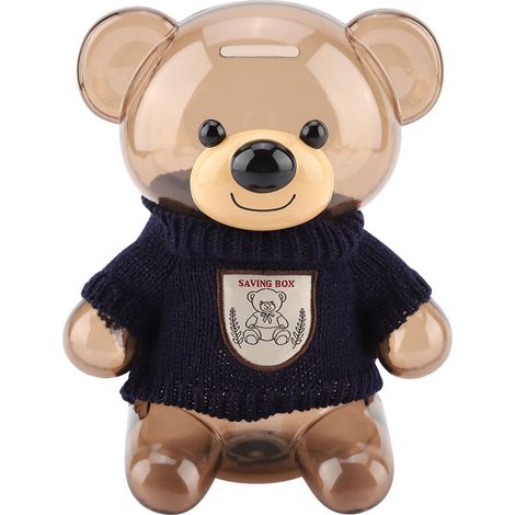 tirelire enfant en forme de cochon, boîte à monnaie, vêtements de dessin animé, ours en plastique transparent (bleu)