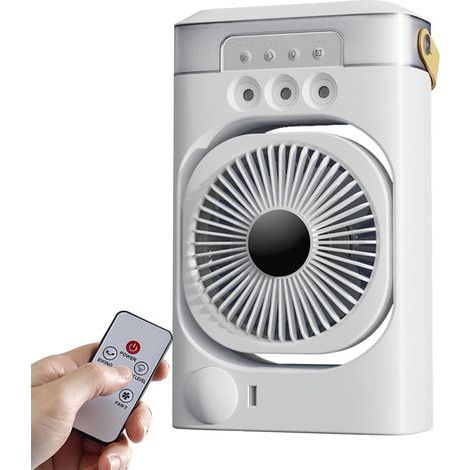 Climatizzatore portatile con telecomando, ventilatore con raffreddamento ad acqua da 600 ml, mini climatizzatore 4 in 1 per ambienti, 3 velocità di ventilazione, 7 colori di illuminazione, 3 funzioni  (1/5)
