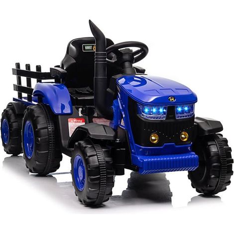 Tractor Eléctrico Infantil 12V con Remolque Desmontable, Doble Motor 35W, 6 Neumáticos, Música, Faros LED, Bocina para 3 Años+ Azul