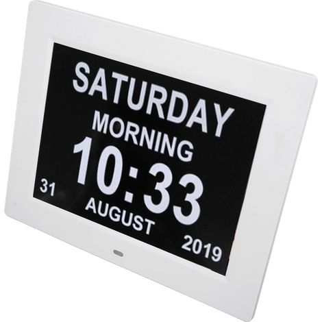Reloj digital con calendario (10 pulgadas), 8 idiomas, función de atenuación automática, apto para personas mayores, 110–240 V, blanco, enchufe estándar de la UE -FA-