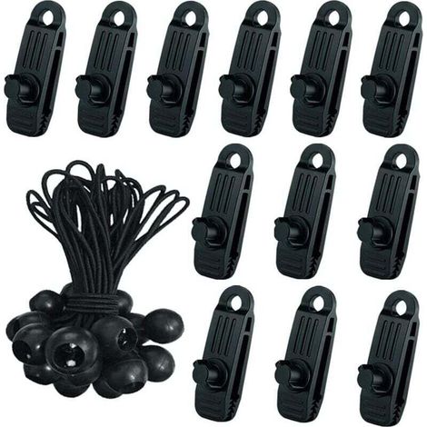 24 Pcs Clip de Tente Bâche avec 12x Pince pour bache et 12x Tendeur Corde Elastique, Pince a oeillet pour bache Camping Accessoires pour Tentes, bache Piscine, Bâches, Auvents, Gazebos Tente-