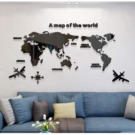 3D DIY Carte du Monde Stickers Muraux en Acrylique, Adhésif Effet Miroir Décoratif Chambre (1/3)