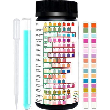 Cyslmuk – Kit de test d'eau potable 16 en 1 – Bandelettes pour pH, plomb, mercure, fer – Utilisation facile avec compte-gouttes – Pour piscine et eau potable (1/4)
