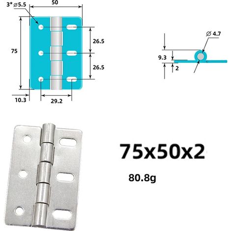 Charnière (75 x 50 x 2) en acier inoxydable 304 renforcé, charnière pour équipement mécanique, charnière plate pliante industrielle robuste, charnière à plaque rabattable (1/5)