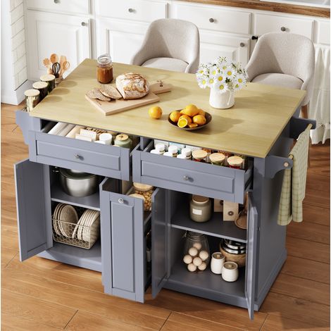 Isola da cucina 121x69x89 cm, piano pieghevole, 2 cassetti grandi e 2 cassetti verticali, MDF, naturale e grigio (1/5)