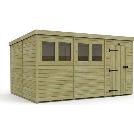 12ft x 9ft Pent Garden Shed Single Door With Windows - Pressure Treated Timber - L366 x W274 x H210 cm - Natural