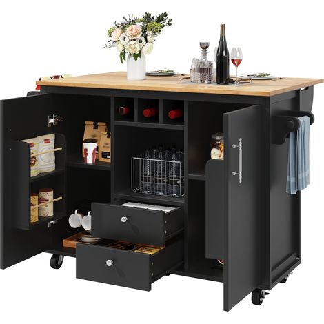 Îlot de cuisine sur roulettes avec plan rabattable, rangement à tiroirs, portes et casier à bouteilles, noir, 137,9 x 73 x 92,5 cm (1/5)