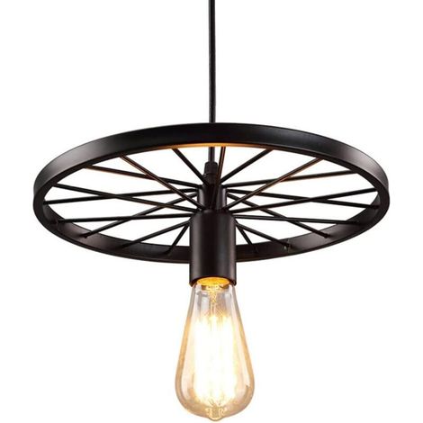 Suspension moderne style loft avec escalier, lustre en forme de roue, lampe suspendue vintage en fer noir avec ampoules Edison E27, plafonnier d'intérieur, luminaires de style grange ou entrepôt (A)