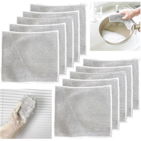 10 Pièces Chiffons à Vaisselle en Fil métallique Polyvalents pour humides et secs, Chiffons à Vaisselle en Fil Récurage Anti-Rayures (1/4)