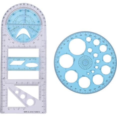 Lot de 2 règles géométriques multifonctionnelles en plastique, outils de dessin de cercles, gabarits de dessin, outils de conception graphique transparents (1/5)