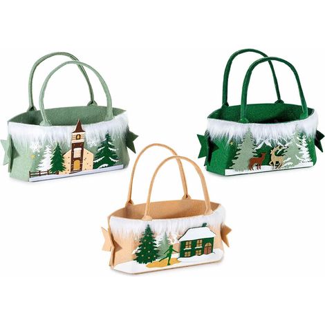 Borsette natalizie in panno con rilievo e morbido eco-fur, paesaggio innevato, set da 3 pezzi, cm 19,5 x 10 x 11 H