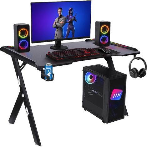 Bureau Gaming LED Ergonomique (120X60cm) - Porte-gobelets et Bouteilles, Support pour Casque, Gestion des Câbles, Bureau de Jeu, Plateau 1.5cm Poids Maximum Supporté 100kg (1/5)