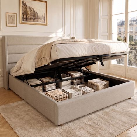 Cama canapé 160 x 200 cm, cama doble para adulto con almacenaje hidráulico y somier de láminas, estructura tapizada en lino de estilo moderno, beige (1/5)