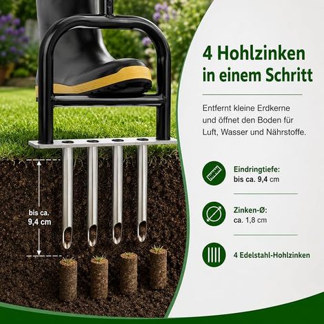 Aérateur de Gazon Acier Inoxydable – Pelouse Scarificateur 4 Dents, Aérateur de Pelouse Jardin, Terrain de Sport Espaces Verts (1/4)