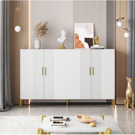 Buffet blanc mat 4 portes, étagères réglables et détails dorés 160x35x100 cm (1/5)