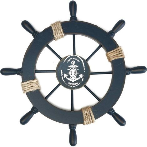 Ahlsen Timón con ancla de madera, decoración de pared, diseño marítimo, azul oscuro (1/5)