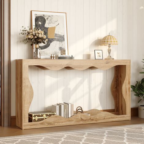 Mesa consola de aglomerado efecto madera natural 160,5 cm, 2 estantes abiertos, borde ondulado (1/5)