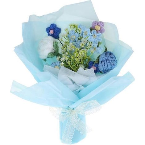 Handgestrickter künstlicher Blumenstrauß mit Geschenkpapier, ideal für Hochzeiten, handgefertigte Blumendekorationen, romantische Geschenke und Tischdekorationen. (1/4)