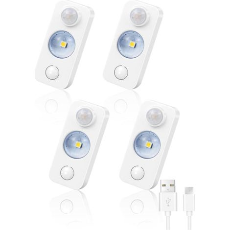 Lot de 4 lampes LED à détecteur de mouvement pour intérieur, lumières d'escalier rechargeables à intensité variable, 3 modes, veilleuse USB sans fil à coller pour armoire, placard, couloir, étagère