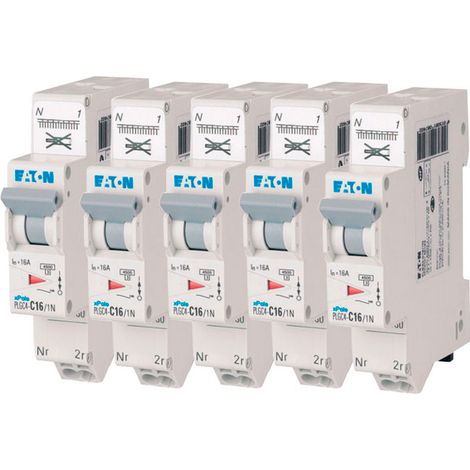 EATON Lot 5 disjoncteurs auto 16A Ph+N 45kA 230V courbe C, borne à ressort, conforme EN 60898, haute performance et sécurité électrique garantie.