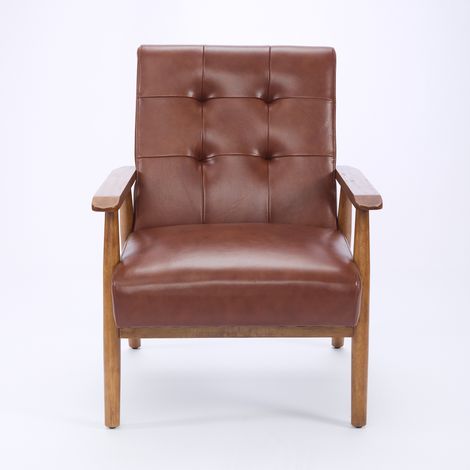 ELVMI Loungesessel mit Ziernähten und Holzarmlehnen für Wohnzimmer, aus Rindsleder und Massivholz, Braun (1/5)