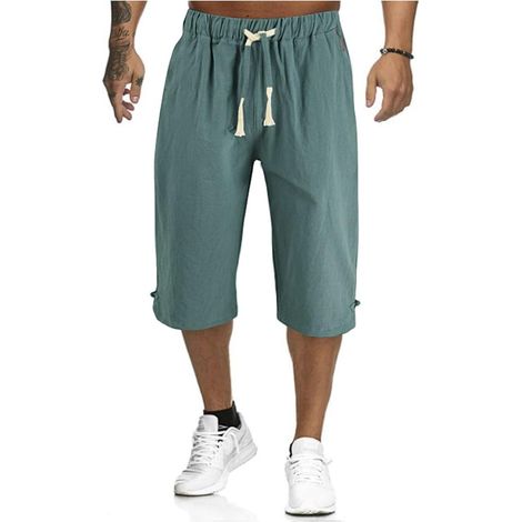 Pantalon en lin pour homme, uni, léger, coupe 7/8 avec poches, cordon de serrage, pantalon de jogging, coton et lin, pantalon décontracté, tissu stretch, taille élastique, pantalon d'été, coupe réguli (1/5)