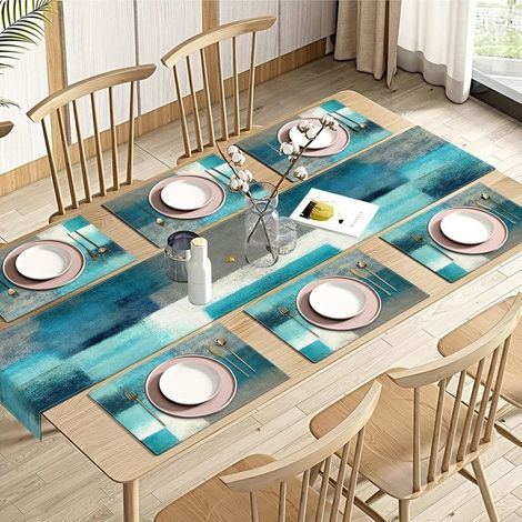 BelleRise - Ensemble 7 pièces : Nappe et sets de table style champêtre — Matière lin (Comprend 1 nappe de 72 pouces de long et 6 sets de table) (1/4)
