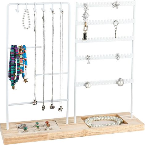Schmuckständer aus Metall mit Holztablett. Doppelter Schmuckorganizer für Halsketten, Armbänder, Ohrringe und Ringe. Elegantes und stabiles Design. Weiß und Holz. (1/5)