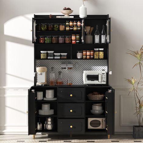 Placard haut plaques perforées pieds bois massif armoire bar rangement cabinet buffet cuisine tiroirs adapté cuisine salle à manger noir.