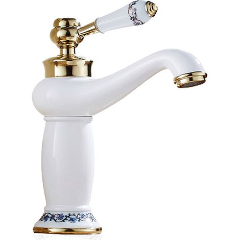 Mitigeur Robinet de Lavabo Laiton & Céramique Évier Bleu Et Blanc en Porcelaine À Long Cou Vintage Floral (1/5)