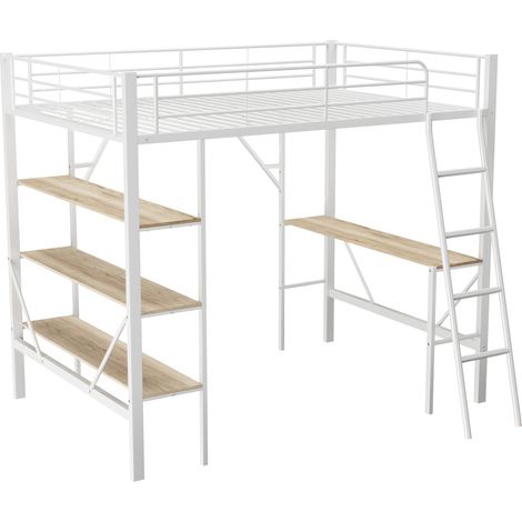 Letto a soppalco 90x200 cm in metallo bianco con scrivania e 3 ripiani (1/5)