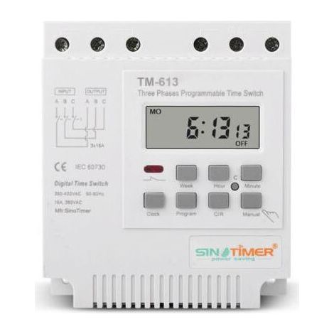 TM-613 Relais Temporisé Programmable 380V / 50-60Hz 16A Relais Hebdomadaire Commutateur de Minuterie de Puissance Interrupteur de Minuterie Triphasé Horloge Numérique Intelligente (1/5)