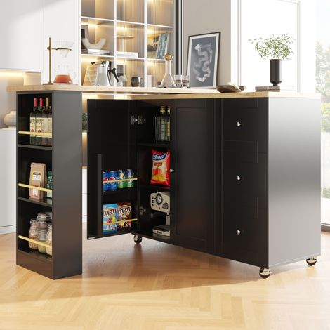 Carrito de cocina 209x39x106cm, con ruedas y tres cajones, rotación 360°, múltiples compartimentos de almacenamiento, MDF, negro - HAUSS SPOLE (1/5)