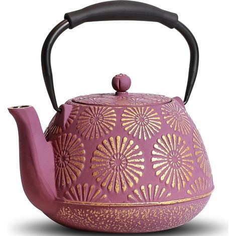 Théière en fonte de grande capacité de 1,2 l avec infuseur pour plaque de cuisson, théière japonaise Sakura pour thé et café, revêtement intérieur émaillé, poignée en silicone 1200 ml, (1/5)