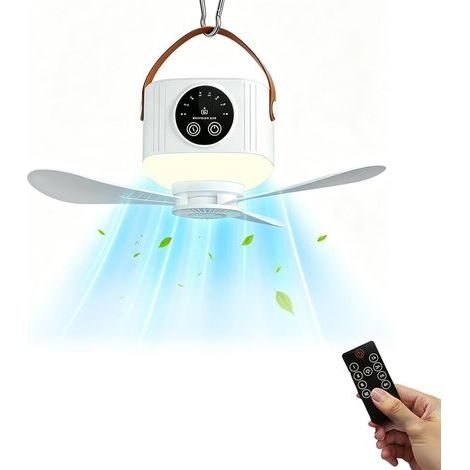 Ventilateur de camping portable avec lumière LED, 7200 mAh USB ventilateur de plafond avec lumière LED, télécommande, minuterie, 4 vitesses, 3 luminosité, ventilateur de plafond rechargeable (1/5)