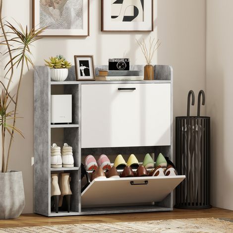 Gris - Armoire à chaussures fine avec 2 portes rabattables, 3 compartiments et étagères réglables pour 15 paires, en bois, 83x24x90,5 cm