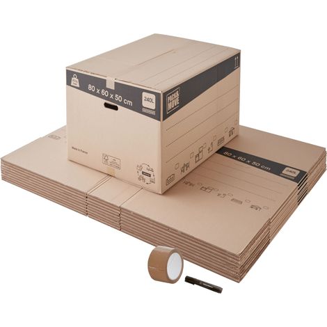 Lot de 10 cartons déménagement XXL avec poignées - 240L, charge max 20kg - made in France + 1 adhésif offert