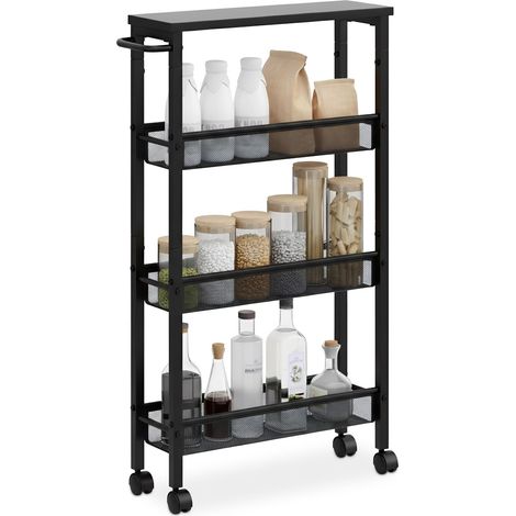 Carro para nichos Relaxdays, 77 x 13 x 45,5 cm, estantería estrecha para baño y cocina, 4 niveles, con ruedas, negra