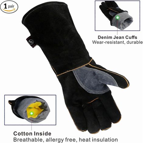 Gants en cuir résistants à la chaleur extrême et au feu, avec coutures en Kevlar, pour cheminée, poêle, four, barbecue (1/5)