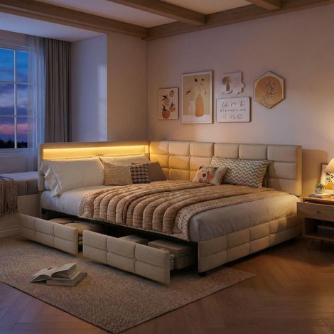 Cama para adultos de 140x200 cm – Ropa de cama beige – Iluminación LED de 16 colores – Cajón metálico – Puerto de carga – Base de láminas (1/4)