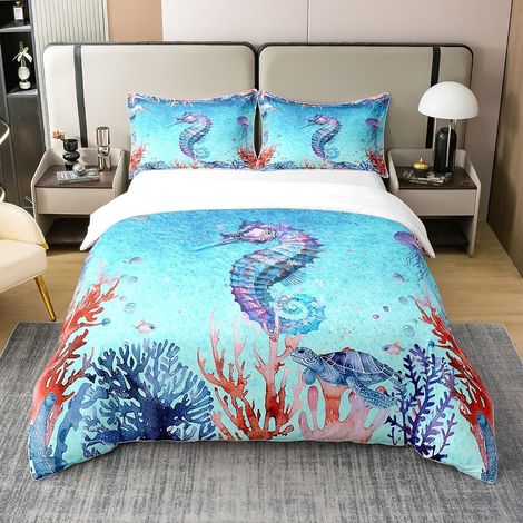 Hippocampe Coton Sets de Housse de Couette Tortue Parure de Lit 240x260cm pour Fille Océan Thèmes Housse de Couette Sea Le Monde sous Marin Organismes Marins Parure Housse de Couette - 260 x 240 cm +  (1/5)