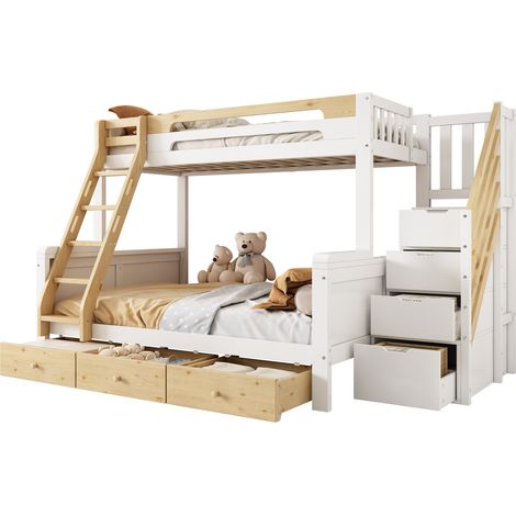 Lit superposé familial 90x200/140x200 cm blanc et bois clair, avec escalier de rangement, échelle, 3 tiroirs et sécurité enfant pour chambre, CHICFURN (1/5)