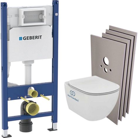 Pack WC Bati support Geberit + Cuvette Ideal Standard Tesi Aquablade + Plaque blanche + Set habillage (TesiGeb3-sabo)