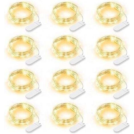 Lot de 12 Guirlande Lumineuse LED, Guirlande Lumineuse à Piles 2m 20 LEDs Fée Chaîne Lumières Guirlande IP65 Étanche LED Déco pour Chambre Noël Mariage Fête Jardin, Blanc Chaud (Blanc Chaud) (1/5)