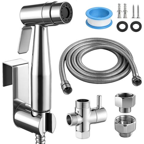 Pulvérisateur de bidet à main en Acier Inoxydable, Douchette Bidet Avec Vanne En T G1/2" Et Adaptateur Toilette G3/8", Flexible 150Cm, Support Mural Ou Crochet, Douche Pour Bébé, Animaux Et Hygiène (1/5)