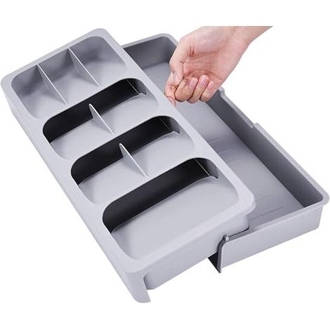 Organisateur de tiroir extensible pour la cuisine - Tiroir et support à couverts réglables - Séparateur de tiroir pour ranger les couverts (couteaux, fourchettes, cuillères, etc.) - Gris (1/5)