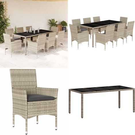 9-tlg. Garten-Essgruppe mit Kissen Hellgrau Poly Rattan & Glas - Gartentisch - Gartenmöbel Set - Esstisch - Gartenset - Outdoor Möbel - Home & Living (1/5)