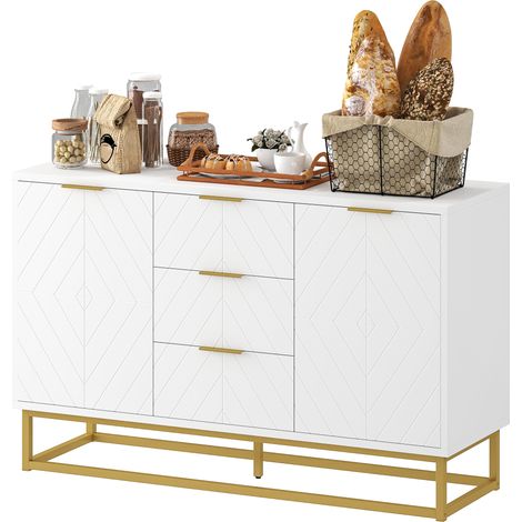 HOMCOM Sideboard, Küchenschrank, modernes Grafikdesign, 2 Schranktüren, verstellbare Einlegeböden, 3 Schubladen, weißes Holz und goldfarbenes Metall, 120 x 40 x 76 cm