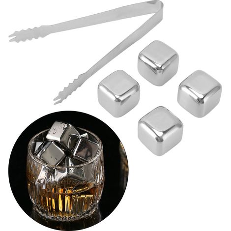 Glaçons en acier inoxydable avec boîte de rangement pour une congélation rapide du whisky, du vin de glace et du vin rouge (4 glaçons par paquet avec pinces à glaçons) (1/5)